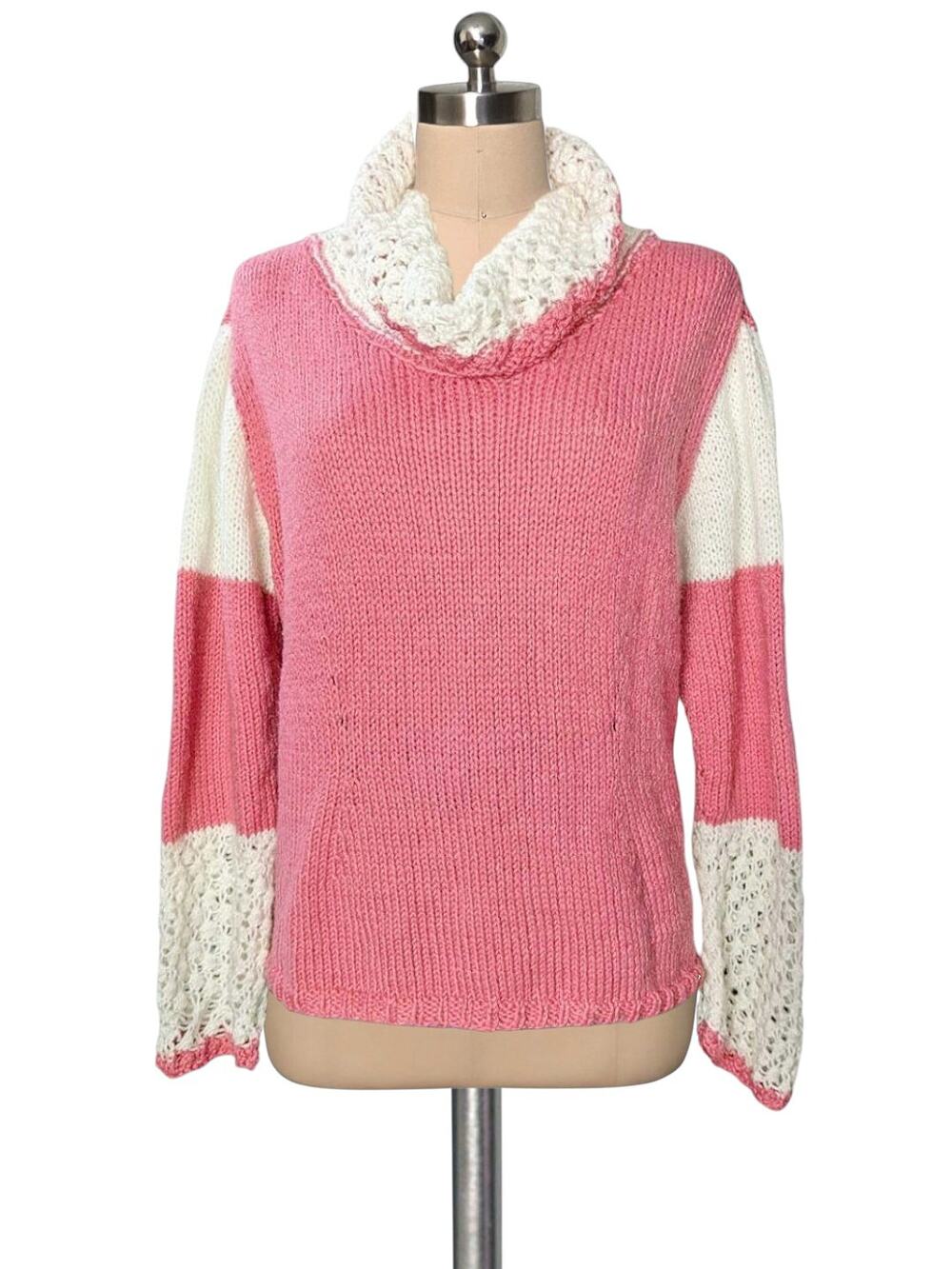 Handmade Knit Crochet Pink White Sweater XL